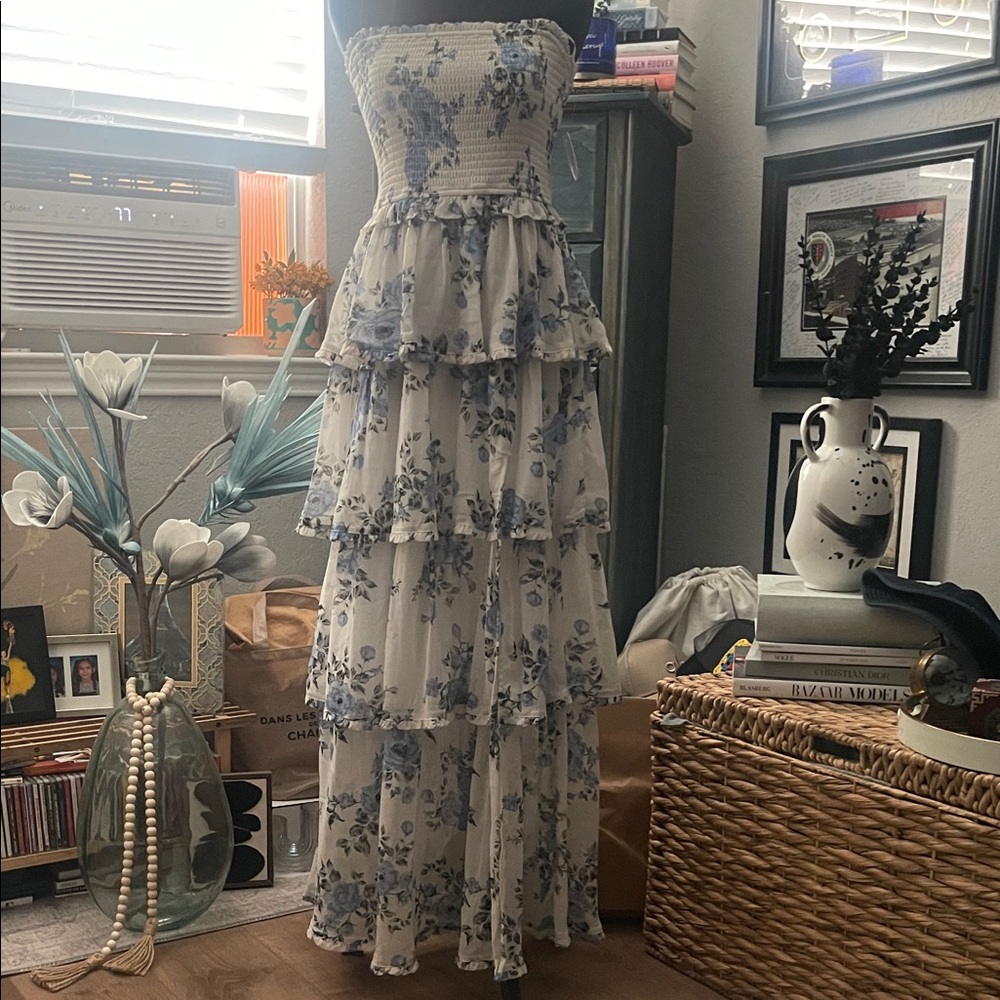 Altar'd State White Strapless Tiered Floral Maxi Dress with Blue Blooms - Picture 3 of 7